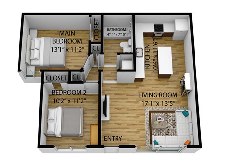 Floor plan for 2 beds, 1 bath, 950 sqft